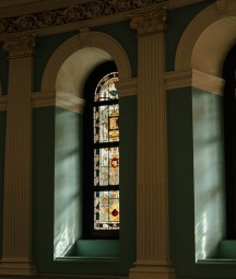 View of the stained glass windows in the NLI Main Hall. 