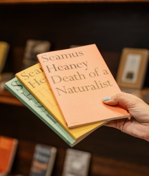 an extended arm holding copies of heaney's poems; death of a naturalist with a red cover, the spirit level with a yellow cover and station island with a green cover 