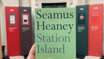 image of seamus heaney's poetry collection 'station island'. the cover is a light green with plain text