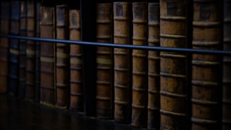 Old books lined up on a shelf. 