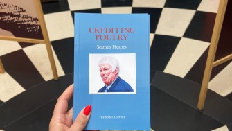 image of seamus heaney's noble lecture 'crediting poetry' against black and white floor tiles 