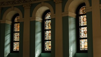 View of the stained glass windows in the NLI Main Hall. 