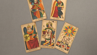 An artistically spread-out French tarot deck belonging to WB Yeats