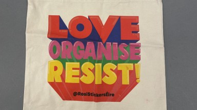 'Love Organise Resist' tote bag from the Michael Barron Papers