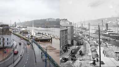 Before and after photo of Reginald’s Tower on the Waterford city quays