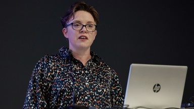 Belinda McKeon speaking at podium