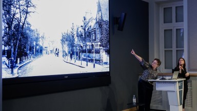 Belinda McKeon speaking at the Joly Theatre