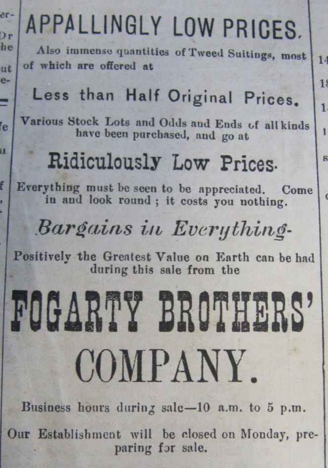 Appallingly and Ridiculously Low Prices from Fogarty Brothers, Nenagh News, 25 January 1896