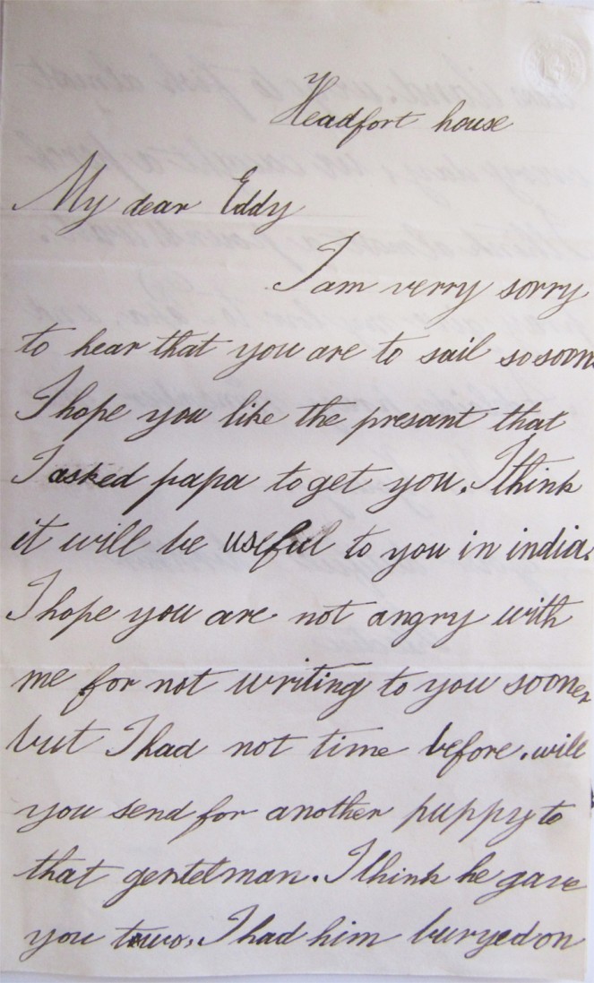 First page of a letter from Bective, later 3rd Marquess Headfort, to his brother Edward Tuite Dalton or "My dear Eddy". NLI ref. Ms. 49,015.