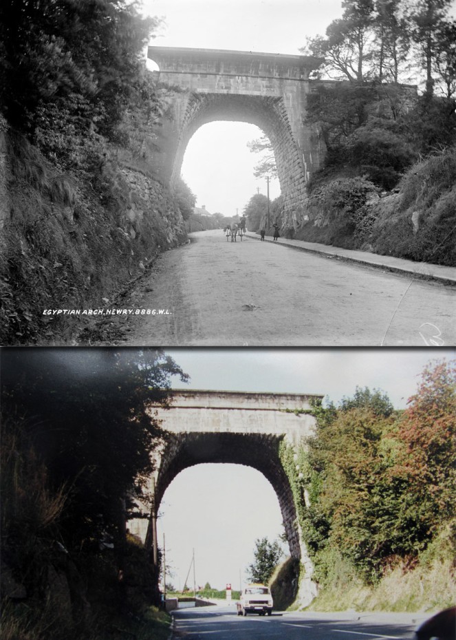 Egyptian Arch at Newry, Co. Down from our Lawrence Photographic Collection, late 19th/early 20th century (L_ROY_08886); Then photographed on a sunny Monday, 10 September 1990 at 11.15 a.m. (LPP_13/3). The photographer painstakingly captured a car passing under the arch, just as there had been a horse-drawn cart in the original Lawrence photo...