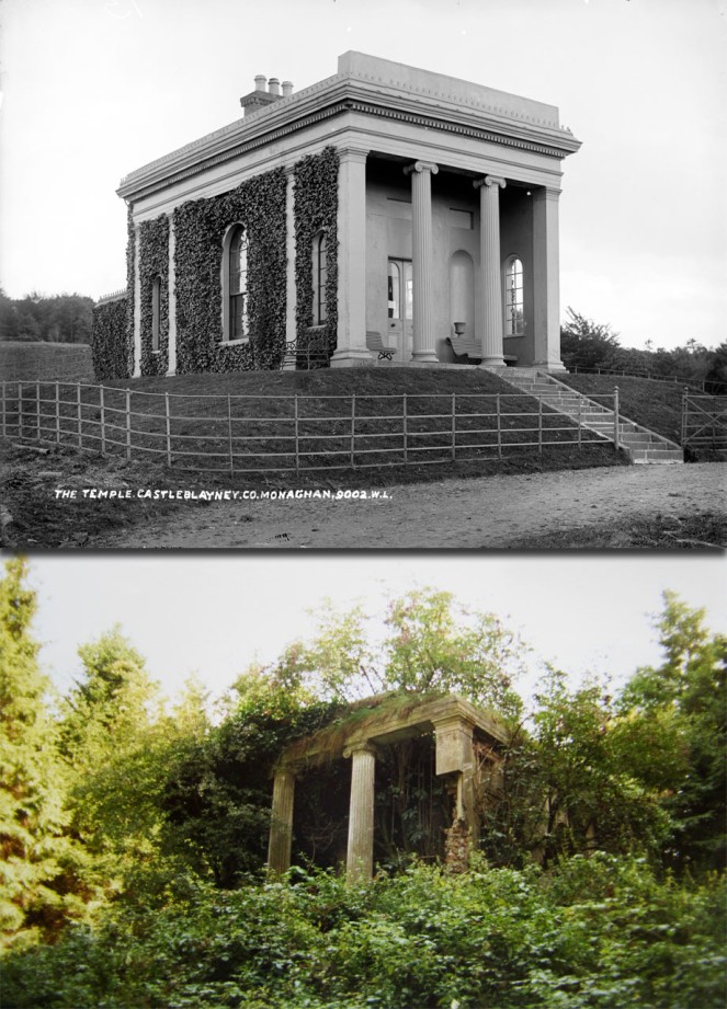 The Temple at Castleblayney, Co. Monaghan from our Lawrence Photographic Collection, late 19th century (L_ROY_09002); Then photographed on a sunny Sunday, 9 September 1990 at 1.30 p.m. (LPP_15A/26)