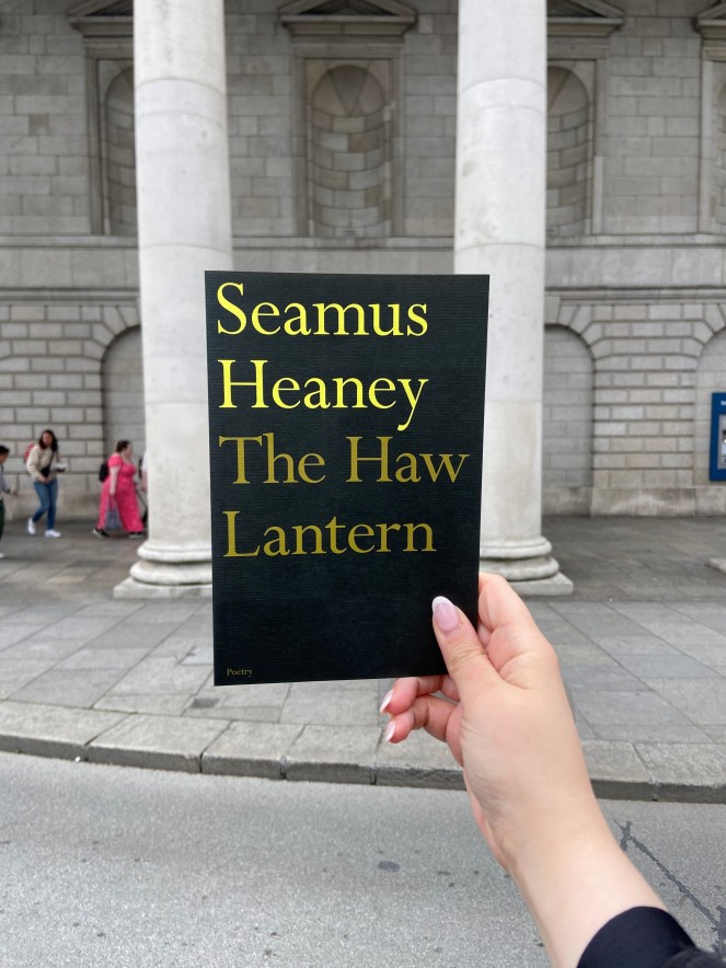 image of seamus heaney's poetry collection 'the haw lantern' outside the exhibition entrance 