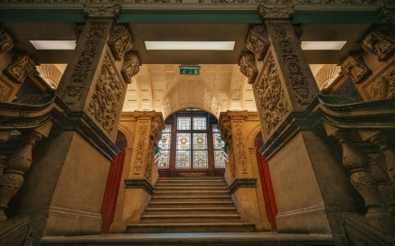 An interior stone stairway in the NLI's Main Library Building