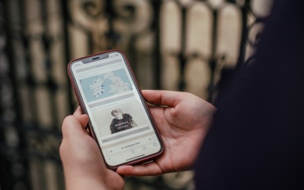 Hands holding phone at library gate with nli catalogue on screen