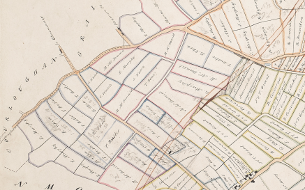 Leathanach oscailte súmáilte isteach ar léarscáil líne a thaispeáint de Chluain Mhór ó Léarscáileanna Eastát i gContae Chill Chainnigh, 1847 Cluain Mhór/ Fiodh Dúin (MS L 476)