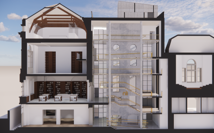 NLI Cross Section through West Wing, New Circulation Core & Existing Central Stairs © FKP Architects