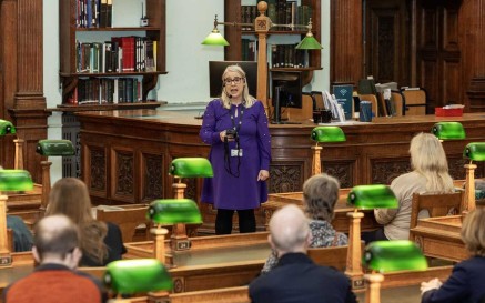 Dr Audrey Whitty, Director of the National Library of Ireland, giving a tour inside the Reading Room